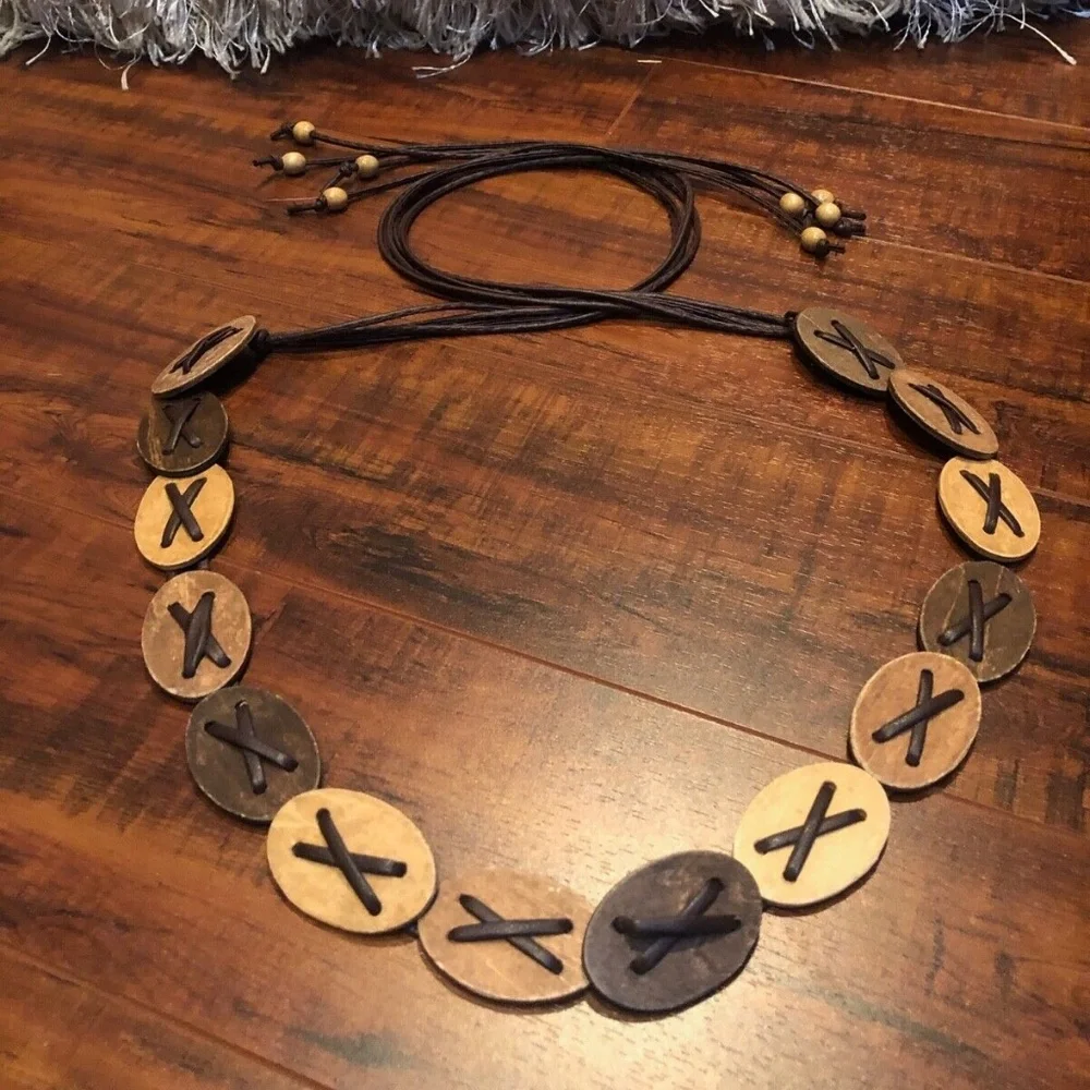 Vintage BoHo Hippie Festival Wood Disc Faux Leather Fringe Tie Hip Belt …
